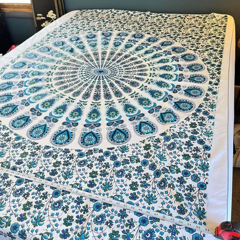 VTG Blue Green Mandala Cotton Tablecloth 82x53 Boho Maximalist Floral NWOT